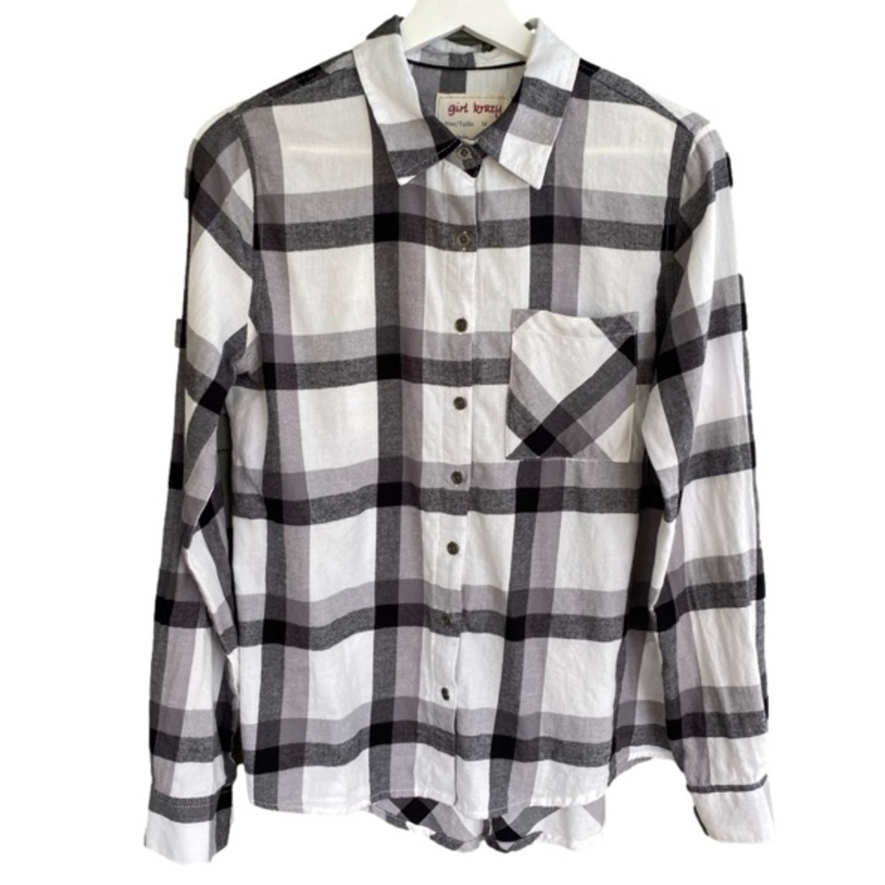 GIRL KRAZY Flannel Shirt Long Sleeve Split Back Black/White Plaid Women Size M